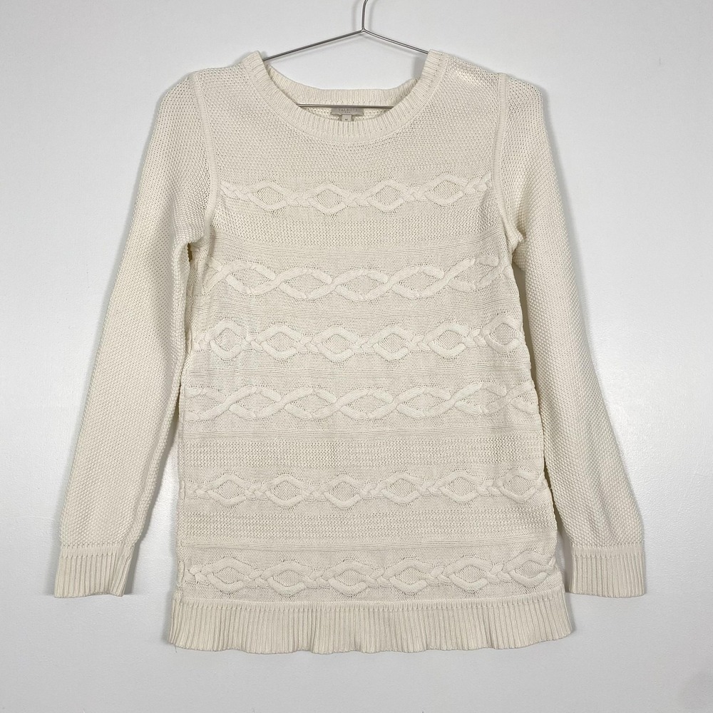Talbots Sweater Womens Medium Cream Cable Knit Long Tunic Crewneck Pullover‎
